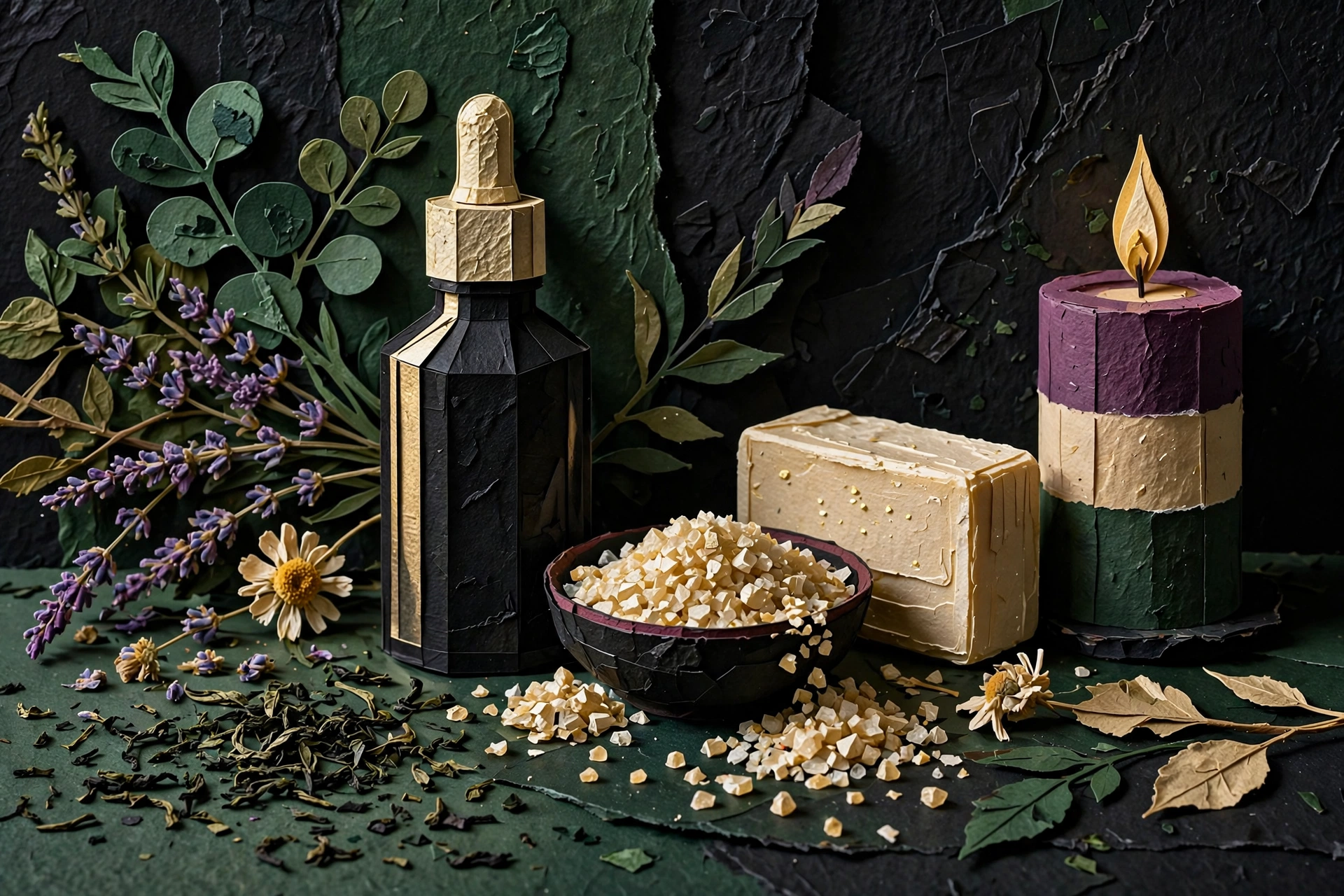 Herbal apothecary still life with botanicals, salts, soap, tincture bottle, and layered candle