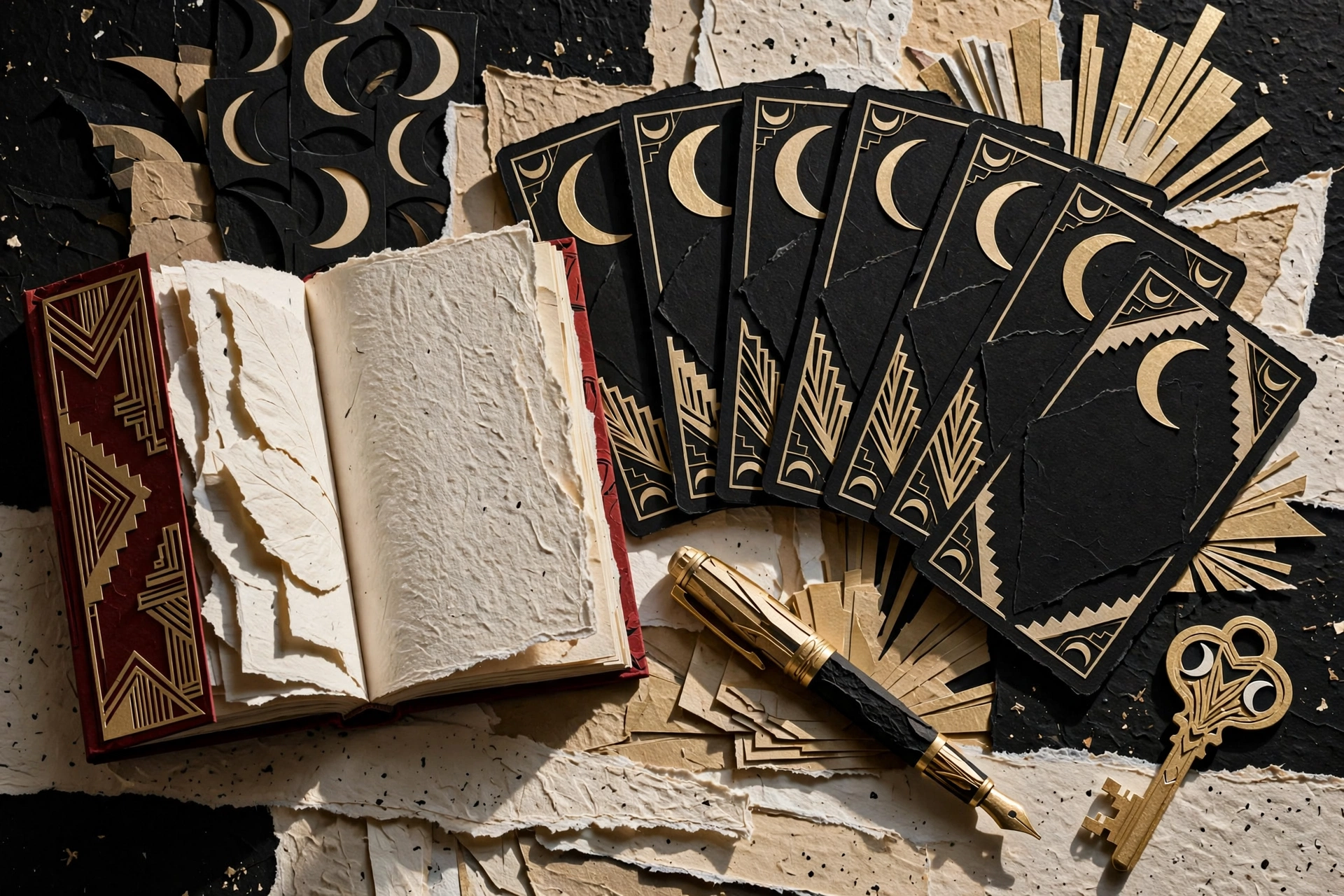 Artful arrangement of a blank book, black and gold cards, fountain pen, and brass key