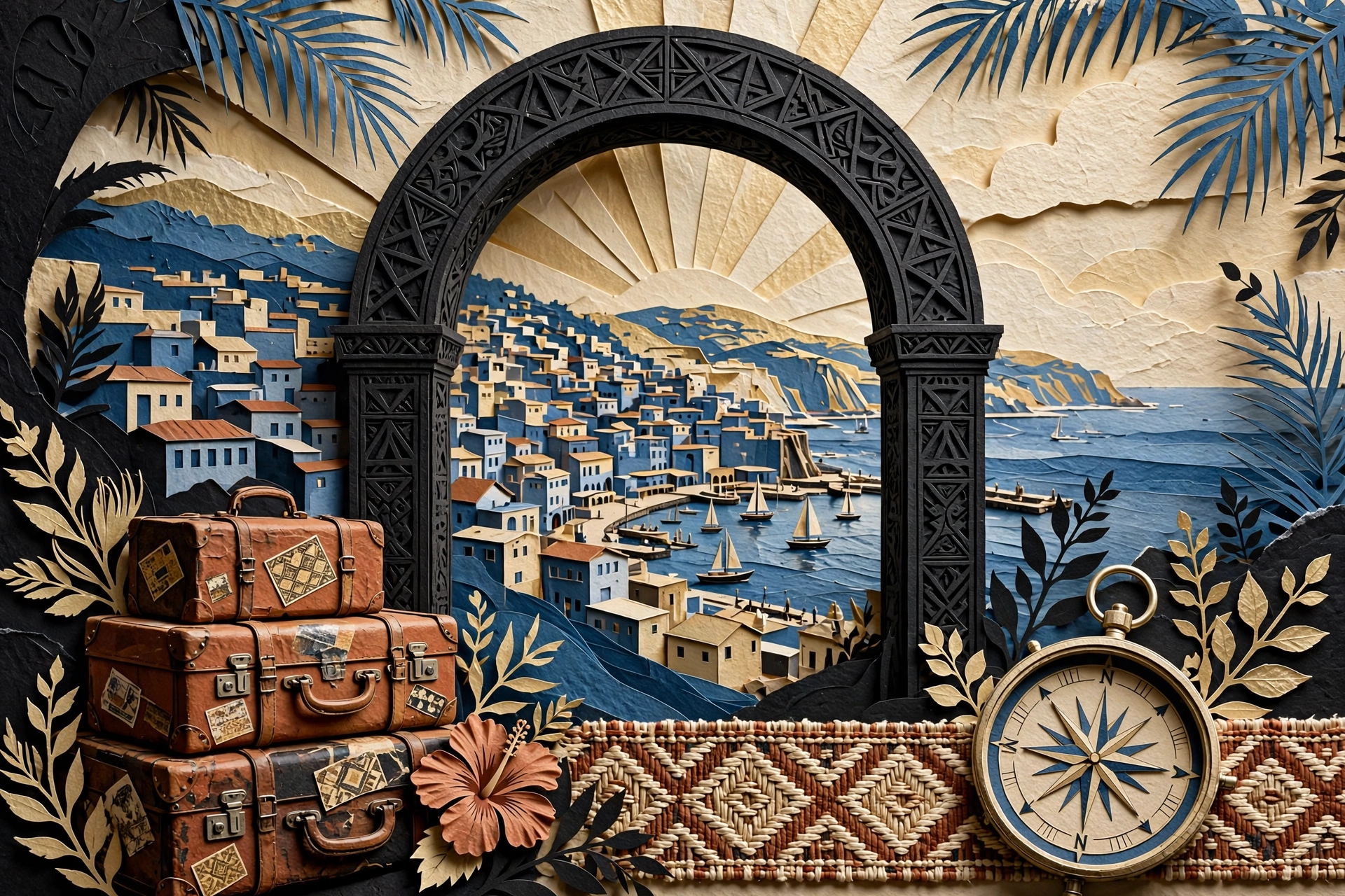 Paper collage of an ornate archway opening toward a coastal city, with suitcases and compass